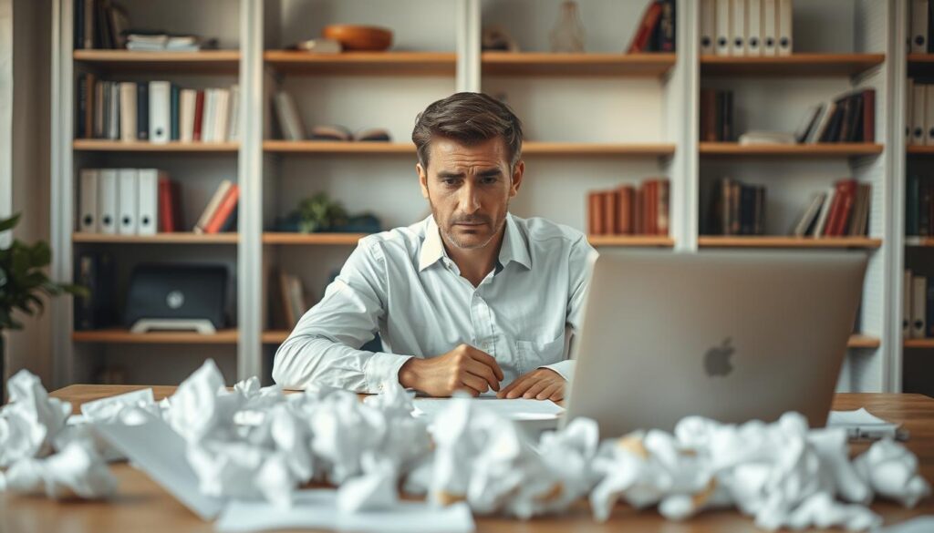 A professional individual sits at a modern desk in an office setting, deep in thought, surrounded by crumpled papers that represent rejected ideas and critique. Their facial expression shows a mix of frustration and contemplation. In the foreground, a hand is raised to the chin, symbolizing self-reflection, while papers scatter around, focused on the concept of struggling with criticism. The middle features a stylish laptop open with an email draft in progress, conveying the effort to respond to feedback. The background includes blurred shelves filled with books on personal development and communication strategies, giving depth to the setting. The lighting is soft and natural, creating a contemplative atmosphere. The shot captures a sharp, well-defined image, as if taken with a Sony A7R IV 70mm lens, emphasizing clarity and focus on the subject.