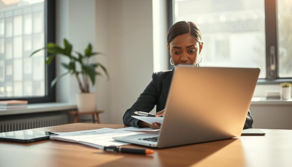 A professional individual sitting at a modern office desk, engaged in a discreet job search during their notice period. The foreground features a sleek laptop open to a job listing website, with neatly organized papers and a pen. The middle ground shows the person, a mixed-race woman in smart business attire, intently focused, her expression a blend of determination and hope. Natural light streams in from a nearby window, creating a warm and inviting atmosphere. In the background, a plant and minimalist decor enhance the office setting, while the soft bokeh effect adds depth. Shot on a Sony A7R IV, 70mm lens, clearly focused, sharply defined, using a polarized filter to accentuate the lighting dynamics and prevent glare.