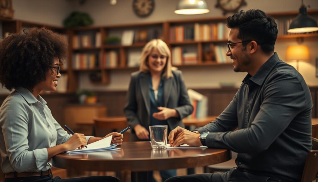 A professional indoor scene depicting a diverse group of friends engaged in a feedback session. In the foreground, two friends are seated at a round table, intently discussing while taking notes. One is a woman with curly hair wearing a smart casual outfit, and the other is a man in a business shirt, nodding thoughtfully. In the middle, a third friend stands, sharing insights, with an inviting smile, dressed in a modest blazer. In the background, a cozy café ambiance with soft, warm lighting and shelves filled with books creates an inviting atmosphere. Shot with a Sony A7R IV at 70mm for crisp focus and detail, using a polarized filter to enhance colors. The mood is constructive, supportive, and friendly, emphasizing the importance of open communication and valued friendship.