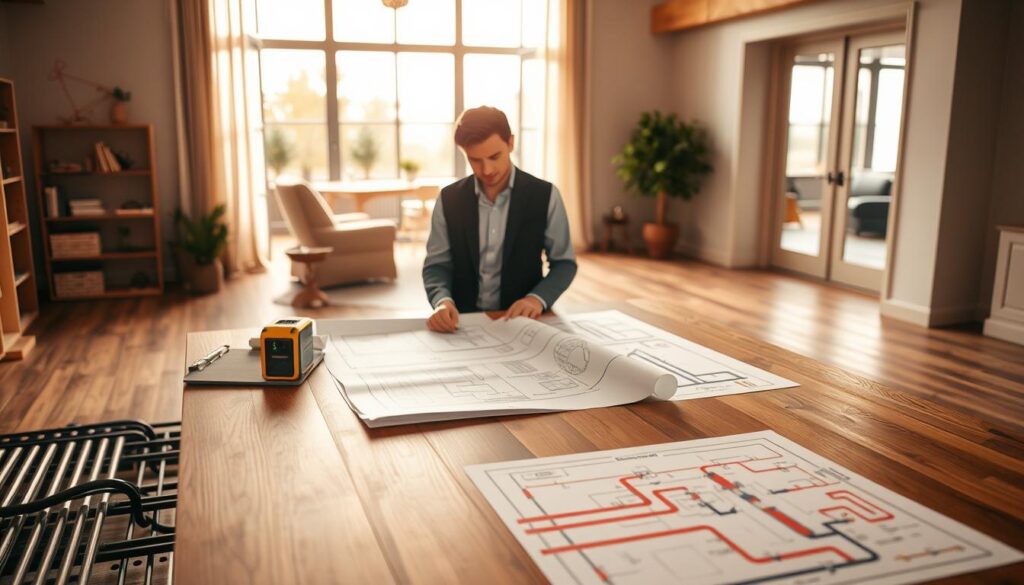 A professional indoor setting with a focus on a meticulous planning session for underfloor heating installation. In the foreground, an architect in smart casual attire is examining blueprints on a sleek wooden table, surrounded by tools like a laser measure and a clipboard. In the middle ground, detailed piping diagrams and heating layout plans are spread out, showcasing the complexity of the system. The background features a partially open room with a warm, inviting atmosphere, illuminated by soft natural light filtering through large windows. The composition is sharply defined, shot on a Sony A7R IV with a 70mm lens, utilizing a polarized filter to enhance color vibrancy and contrast, creating a professional and focused mood for the planning process.