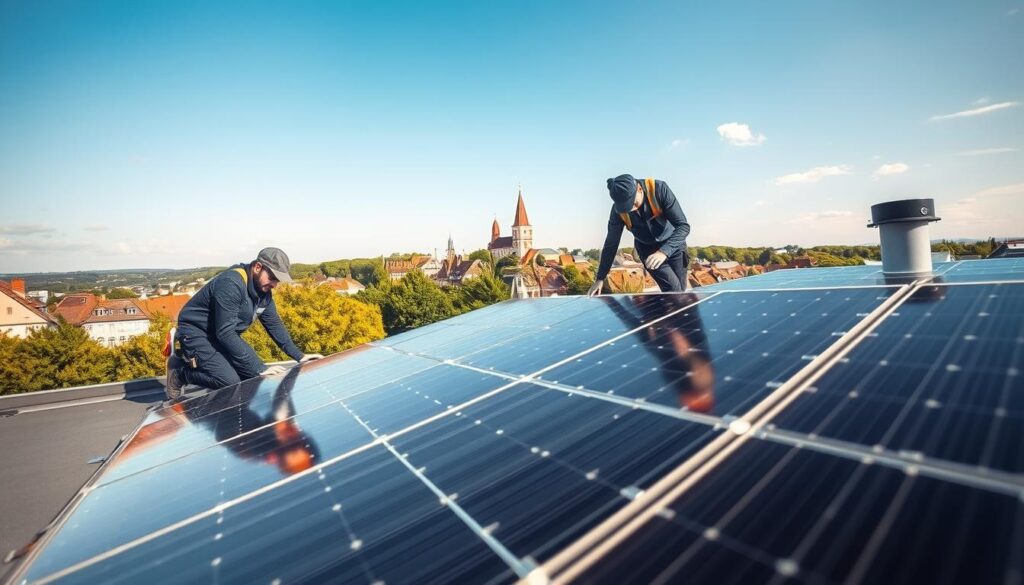 A professional installation of photovoltaic solar panels on a modern flat roof in Bad Pyrmont. In the foreground, skilled contractors in professional business attire work diligently, carefully aligning the solar panels for optimal sunlight capture. The middle ground features a neatly arranged array of shiny black photovoltaic panels, reflecting sunlight, with detailed textures showing the panel's surface and mounting hardware. The background showcases a picturesque view of Bad Pyrmont's lush greenery and historic buildings under a clear blue sky. The scene is illuminated by soft, natural light, emphasizing the panels' glossy finish. Captured with a Sony A7R IV at 70mm, the image is sharply focused, with a polarized filter enhancing the colors and contrast, evoking a sense of innovation and sustainability.