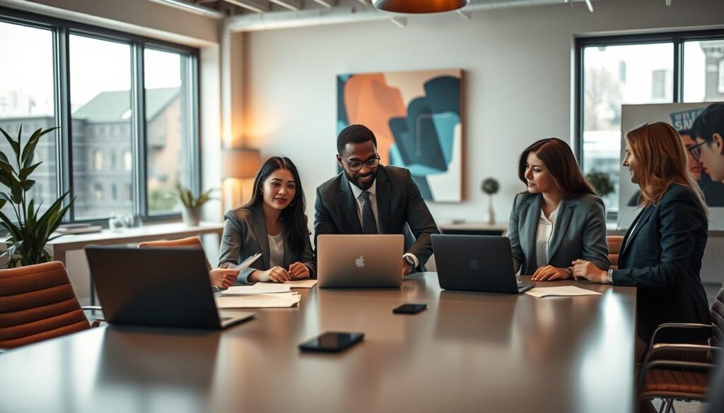 A professional, inviting office environment featuring diverse individuals in business attire engaged in a lively discussion. In the foreground, a group of three professionals—a woman of Asian descent, a Black man, and a Caucasian woman—are actively brainstorming around a sleek conference table, papers and laptops open, projecting enthusiasm and collaboration. The middle ground showcases modern office decor with large windows allowing natural light to flood in, enhancing the warm, welcoming atmosphere. In the background, abstract art on the walls adds a touch of creativity. The scene is captured with a Sony A7R IV at 70mm, ensuring a sharp focus on the subjects, with a polarized filter to enrich colors and reduce glare, creating a sense of inspiration and motivation in the workplace.