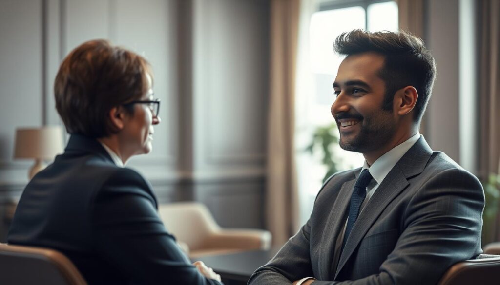 A professional job interview scene captures a confident candidate in a well-fitted suit, sitting across from an interviewer. The foreground features the candidate with a relaxed and genuine smile, their posture open and engaging. In the middle, the interviewer is attentively listening, projecting an atmosphere of respect and interest. The background softly fades into an elegantly designed office with muted colors, enhancing a calm yet professional mood. The soft natural light streaming in from a window highlights the authenticity in the expressions of both individuals. The composition is shot with a Sony A7R IV lens at 70mm, using a polarized filter for crisp clarity and vibrant colors, creating an inviting and warm ambiance.