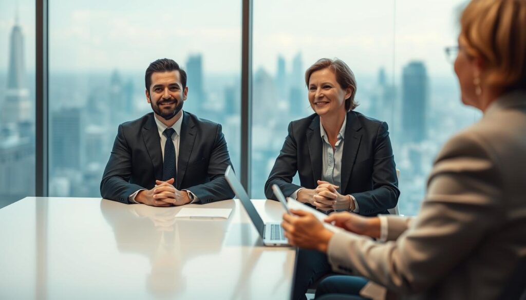 A professional job interview scene depicting two individuals sitting across from each other at a sleek, modern conference table. In the foreground, a confident job applicant in a well-fitted business suit is expressing a mix of anticipation and hope, while the interviewer, dressed in a smart blazer, appears engaged and thoughtful, with a slight smile conveying encouragement. The middle ground features a laptop and notepad, emphasizing the formal setting. In the background, a softly lit office space with floor-to-ceiling windows shows a city skyline, creating a professional yet warm atmosphere. The lighting is bright yet gentle, enhancing facial expressions, and the image is captured with a Sony A7R IV at 70mm, ensuring sharp focus and vivid detail.