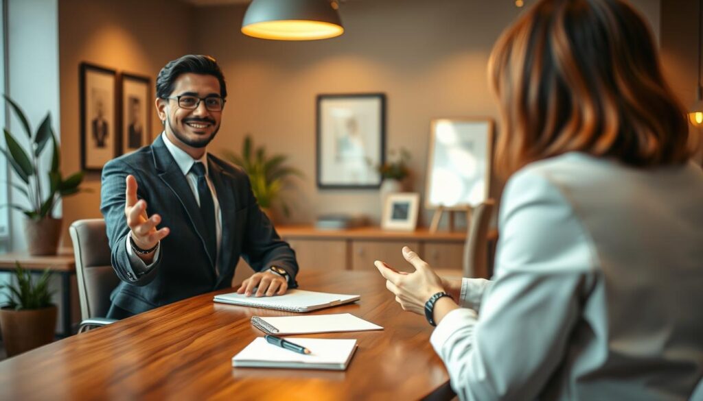 A professional job interview setting, featuring a confident individual in a tailored business suit, sitting at a wooden table across from an interviewer. The subject is displaying an engaging, positive demeanor, emphasizing their personal strengths through body language. In the foreground, a notepad and pen are neatly placed on the table. The middle ground showcases the interviewer, who is poised and attentive, surrounded by soft office decor including potted plants and framed certificates. The background features blurred elements of an elegantly designed office space, with warm, inviting lighting that enhances the atmosphere of professionalism and focus. Shot on a Sony A7R IV with a 70mm lens, the image is sharply defined, using a polarized filter to enhance colors and textures, conveying a sense of motivation and readiness for challenge.
