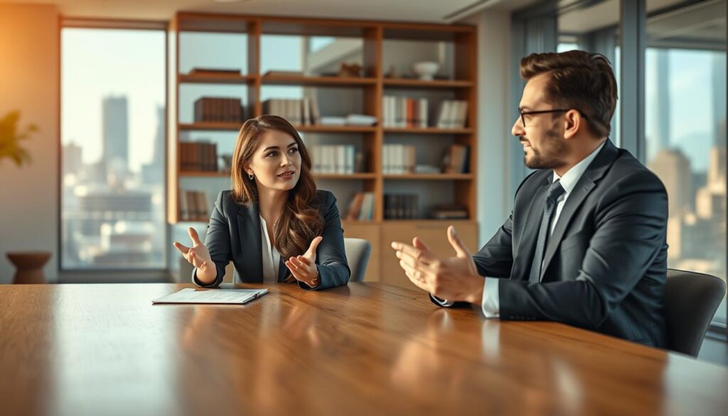 A professional job interview setting, featuring two individuals engaged in conversation. In the foreground, a man and a woman are seated at a sleek wooden table, both dressed in smart business attire, displaying a confident yet approachable demeanor. The woman is speaking, gesturing slightly with her hands, while the man listens attentively, nodding. In the middle ground, a sophisticated office environment is visible, with a bookshelf filled with business books and a large window showcasing a cityscape outside, bathed in warm natural light. The background should convey an atmosphere of professionalism and focus. The image should be shot on a Sony A7R IV at 70mm, with a sharp focus and vivid colors enhanced by a polarized filter, creating a lively yet serious tone.