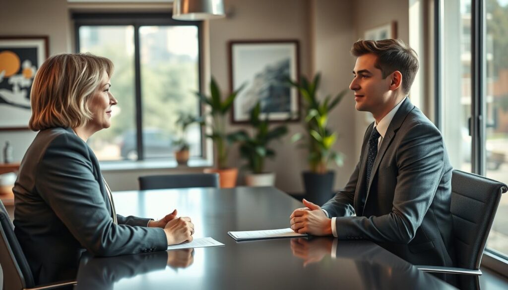 A professional job interview setting with a well-dressed interviewer and a candidate sitting across from each other at a sleek conference table. The interviewer, a middle-aged woman in a smart blazer, looks engaged and attentive, while the candidate, a young man in a crisp suit, appears confident yet thoughtful. Bright natural light streams in through large windows, creating a welcoming atmosphere. The background features a tasteful office with potted plants and modern artwork. The scene is shot on a Sony A7R IV with a 70mm lens, ensuring a sharp focus on the subjects, while a polarizing filter enhances the clarity and vibrancy of the colors. The composition evokes a serious yet optimistic mood, reflecting the importance of discussing resignation reasons during the interview.
