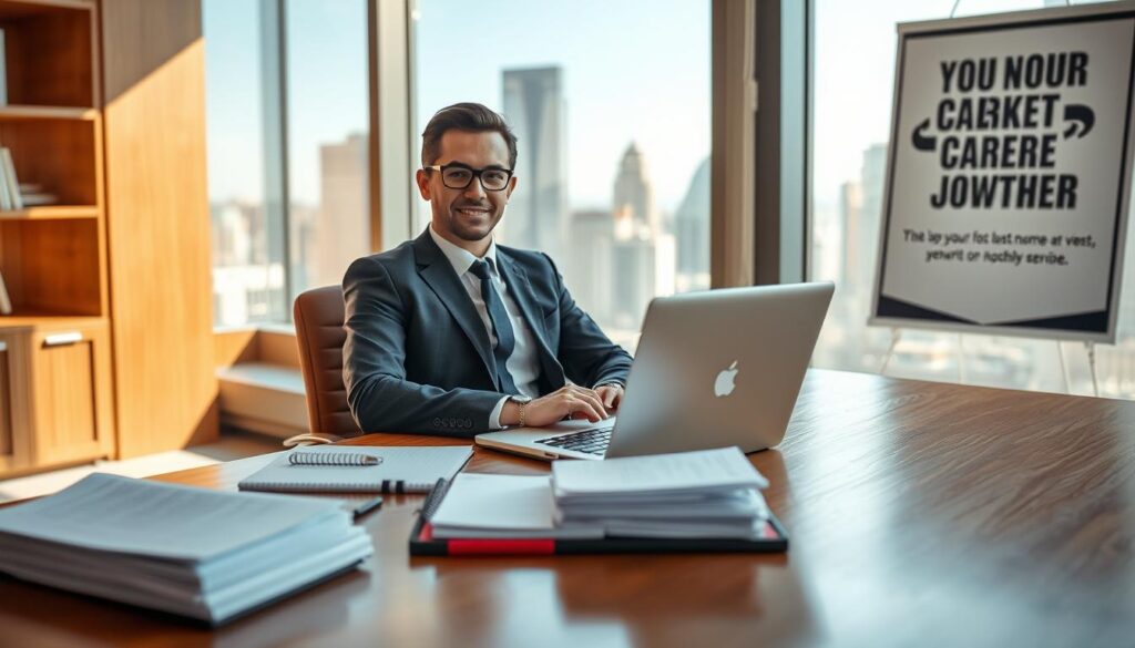 A professional job seeker sitting confidently at a desk in a brightly lit, modern office environment, dressed in smart business attire. In the foreground, a polished wooden desk with a laptop, a neatly organized stack of resumes, and a notepad filled with notes is visible. The middle ground features a large window overlooking a cityscape, emphasizing opportunities and ambition. The background shows a motivational poster about career growth. The lighting is bright and natural, creating an optimistic atmosphere. Shot on a Sony A7R IV with a 70mm lens, focusing sharply on the subject while blurring the background slightly, using a polarized filter to enhance clarity and contrast.