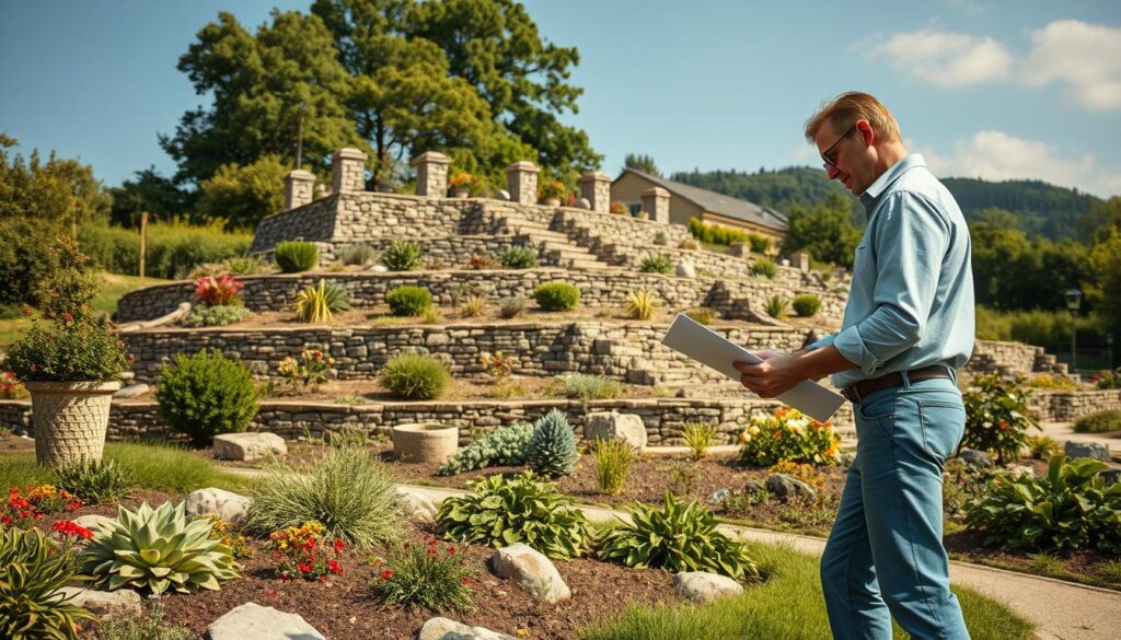 A professional landscape designer, wearing smart casual attire, is actively engaged in planning a garden layout at a picturesque site in Rinteln. In the foreground, a well-maintained garden with terraced levels showcases diverse plants, colorful flowers, and decorative stones. In the middle ground, a partially constructed stone wall supports an elegant terrace, demonstrating expertise in craftsmanship and landscaping techniques. The background features lush greenery and a clear blue sky, emphasizing a serene and productive atmosphere. The image is captured with a Sony A7R IV at 70mm, featuring sharp focus and vivid details, enhanced by a polarized filter to highlight colors and textures. The overall mood is professional, inspiring confidence in the value of knowledge in gardening and landscape architecture.