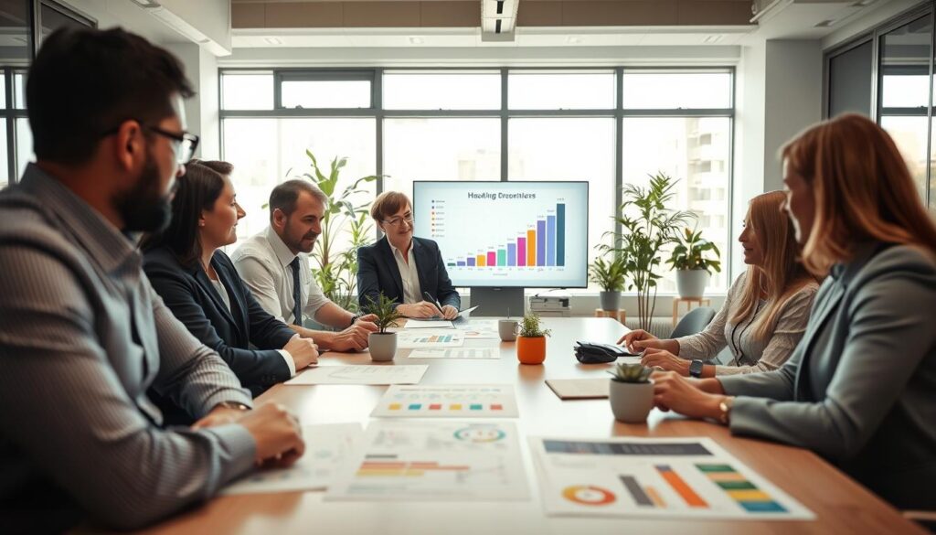 A professional meeting room designed for discussing heating system incentives, featuring a large table with documents and charts related to funding opportunities for heating systems like heat pumps and pellet heating. In the foreground, a diverse group of four professionals in business attire, including two men and two women, are engaged in discussion, pointing at a colorful infographic showcasing various government grants and financial support options. The mid-ground includes a digital screen displaying a graph of funding statistics, surrounded by plants for a lively atmosphere. The background is a bright, modern office with large windows allowing natural light to illuminate the space, creating a warm and inviting mood. The shot is captured with a Sony A7R IV at 70mm, ensuring clear focus and sharp details, enhanced with a polarized filter for vivid color saturation.