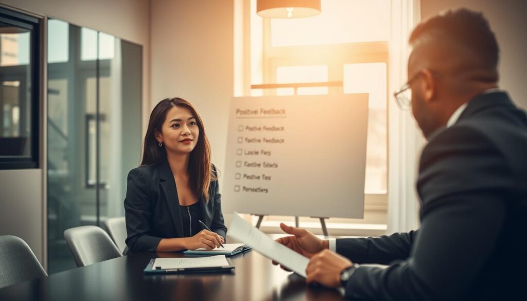 A professional meeting room setting with a diverse group of three people engaged in constructive criticism. In the foreground, a woman in smart business attire takes notes with a thoughtful expression while a man across the table gestures with an open hand, emphasizing a point. In the middle ground, a flip chart displays positive feedback in bullet points, subtly hinting at their discussion. The background features a large window with soft natural light streaming in, casting a warm glow across the room, creating an inviting atmosphere. The image is shot with a Sony A7R IV at 70mm, ensuring sharp focus on the subjects and details, with a polarized filter enhancing colors and contrast. The mood should feel collaborative, professional, and encouraging.