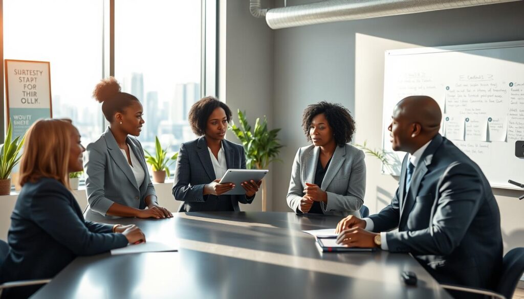 A professional meeting scene illustrating "Strategies for Reintegration". In the foreground, a diverse group of four business professionals, two women and two men, engaged in a focused discussion around a large conference table, all dressed in business attire. One woman, of African descent, is standing, presenting ideas with a digital tablet, while the others listen intently. In the middle ground, a large window reveals a cityscape under bright daylight, casting natural light across the room, enhancing the atmosphere of collaboration and innovation. The background showcases a modern office environment with motivational posters, plants, and a whiteboard filled with brainstorming notes. The image is captured using a Sony A7R IV at 70mm, with a sharply defined focus, showcasing clear details and a professional tone.