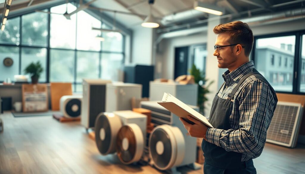 A professional, modern indoor setting showcasing a heating system upgrade. In the foreground, a skilled technician in professional attire inspects a newly installed modern heating unit with a clipboard. The middle ground features various high-efficiency heating systems and renovation materials neatly arranged. The background includes sleek, minimalist design elements, such as soft ambient lighting from overhead fixtures and large windows allowing natural light to fill the space. Utilize a Sony A7R IV with a 70mm lens for a crisp focus and sharp details, complemented by a polarized filter to enhance clarity. The overall atmosphere is one of innovation, professionalism, and sustainability, reflecting the theme of state-sponsored modernization initiatives for heating systems.
