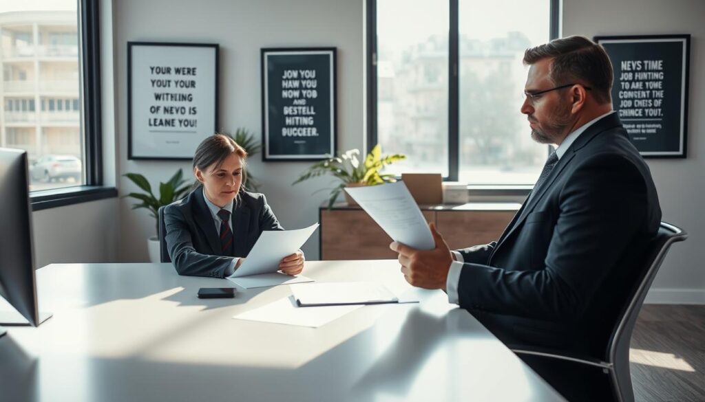 A professional, modern office setting with a confident job applicant sitting at a sleek desk across from a stern-looking hiring manager. The applicant, in formal business attire, is holding a resume, while the manager is reviewing it with a contemplative expression. In the background, there are framed motivational quotes about job hunting and success on the wall, and a potted plant for a touch of warmth. The lighting is soft and natural, streaming through a large window, casting gentle shadows. The image conveys a tense yet hopeful atmosphere, emphasizing the challenges applicants face in securing job offers. Shot on a Sony A7R IV at 70mm, with a clearly focused and sharply defined composition, enhanced by a polarized filter.