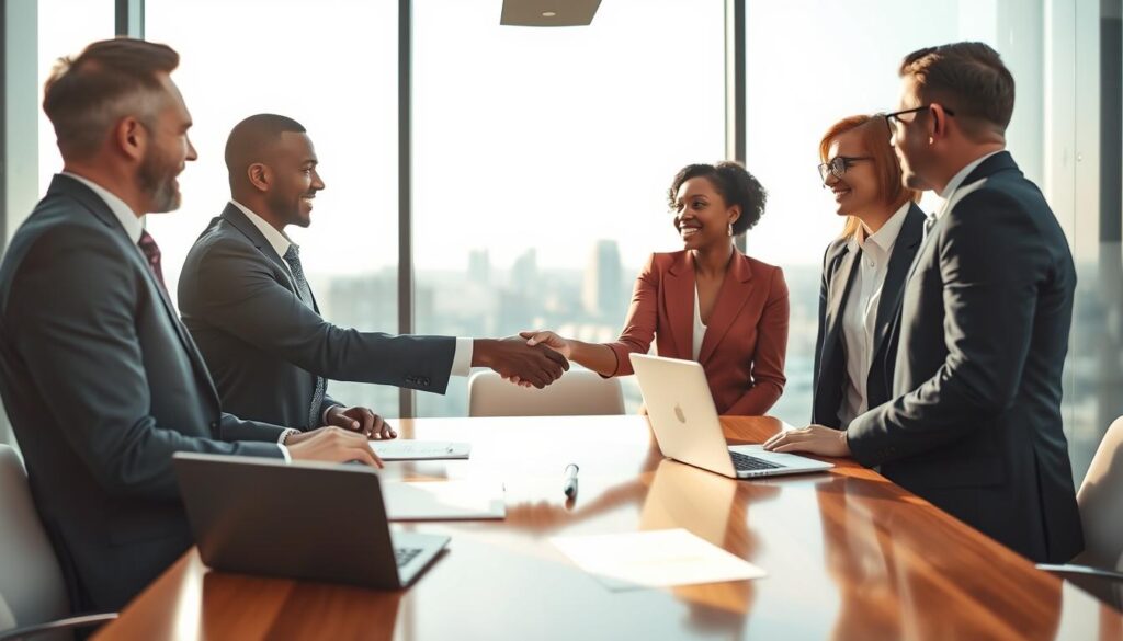 A professional negotiation setting showcasing a successful "Win-Win" situation. In the foreground, a diverse group of three individuals in sharp business attire engaged in a friendly discussion, smiling and shaking hands, symbolizing mutual agreement. The middle ground reveals a polished conference table with documents and a laptop open, illustrating collaboration. The background features a large window with a cityscape view, allowing natural light to flood the room, creating a warm and optimistic atmosphere. The image is captured in vibrant colors using a Sony A7R IV with a 70mm lens, sharply focused with a polarized filter, emphasizing the expressions of engagement and cooperation among the negotiators.