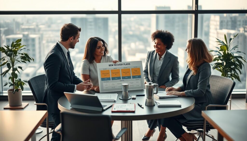 A professional office environment depicting a diverse team engaged in Betriebliches Eingliederungsmanagement (BEM). In the foreground, two individuals dressed in business attire discuss a chart indicating recovery plans, highlighting collaboration and support. In the middle, a round table filled with documents, laptops, and a coffee pot, symbolizing teamwork and planning. In the background, a large window allows natural light to flood in, with city views that indicate a bustling work environment. The atmosphere is positive and focused, conveying a sense of success and empowerment. The image is shot on a Sony A7R IV at 70mm, ensuring a clearly focused, sharply defined foreground with a soft bokeh effect in the background. Include a polarized filter effect to enhance clarity and color vibrancy.