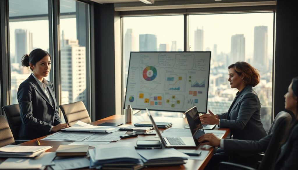 A professional office environment depicting the challenges of a job position. In the foreground, a diverse group of three business professionals—one woman in a tailored suit, one man in a smart casual outfit, and another woman in modest business attire—are engaged in a serious discussion around a conference table cluttered with paperwork and laptops. The middle ground captures a whiteboard filled with colorful diagrams and notes, symbolizing brainstorming and problem-solving. In the background, a large window offers a view of a bustling cityscape, bathed in soft natural light that enhances the atmosphere of focus and urgency. The scene is shot with a Sony A7R IV at 70mm, clearly focused and sharply defined, utilizing a polarized filter to reduce glare and enhance colors. The mood is contemplative, reflecting the complexity and challenges of modern work life.