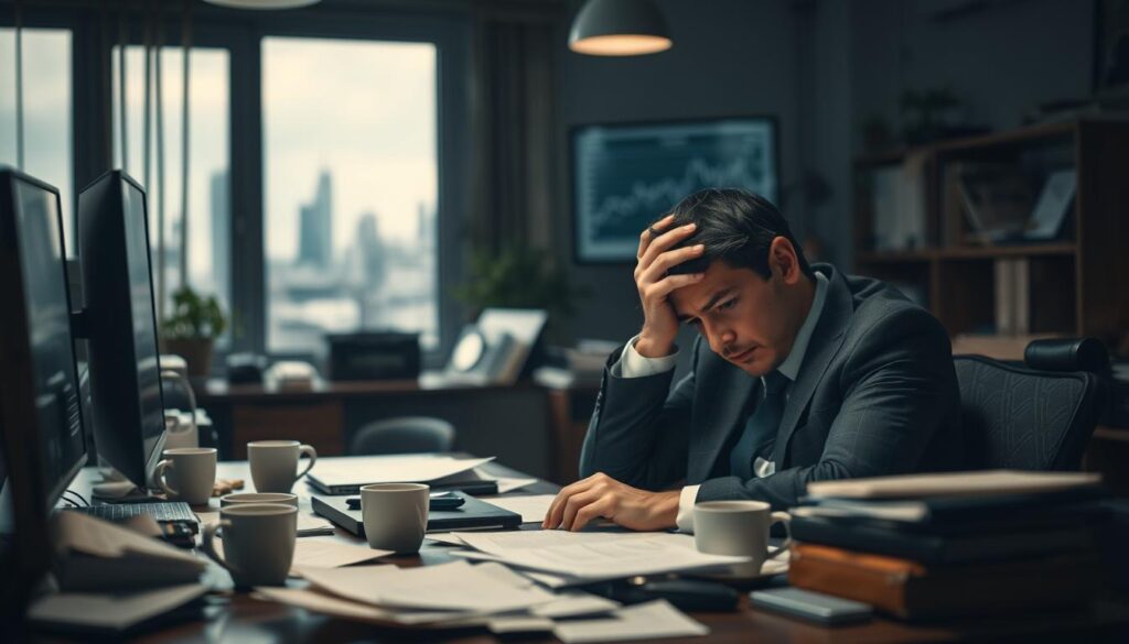 A professional office environment depicting the concept of burnout symptoms. In the foreground, a weary businessperson in professional attire, sitting at a cluttered desk, holding their head with a stressed expression. Papers and empty coffee cups are scattered around, indicating overwhelm. In the middle ground, a computer screen displays a blurred graph, signifying work pressure. The background features dim lighting with a window showing a gloomy cityscape, enhancing the somber mood. The image is shot with a Sony A7R IV at 70mm, ensuring clear focus and sharp definition, with a polarized filter to manage reflections. The atmosphere is heavy and contemplative, illustrating the weight of burnout.