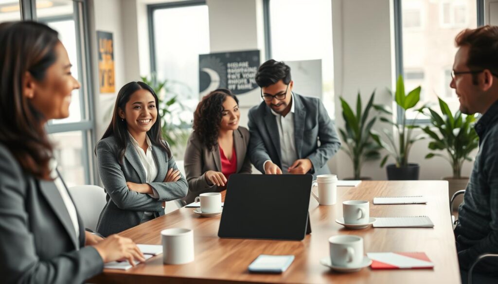 A professional office environment featuring a diverse group of coworkers engaged in respectful communication. In the foreground, a woman of Asian descent in business attire is smiling while actively listening to a man of African descent, who is speaking with enthusiasm. In the middle, a Caucasian woman and a Hispanic man are exchanging ideas, pointing at a digital tablet on a conference table filled with coffee cups and notepads. The background shows a bright, modern office space with large windows letting in natural light, plants in the corners, and inspirational posters on the walls. The scene captures a warm, collaborative atmosphere, emphasizing understanding and appreciation among colleagues. Shot on a Sony A7R IV with a 70mm lens, the image is sharply defined and clearly focused, enhanced by a polarized filter to create a vibrant look.