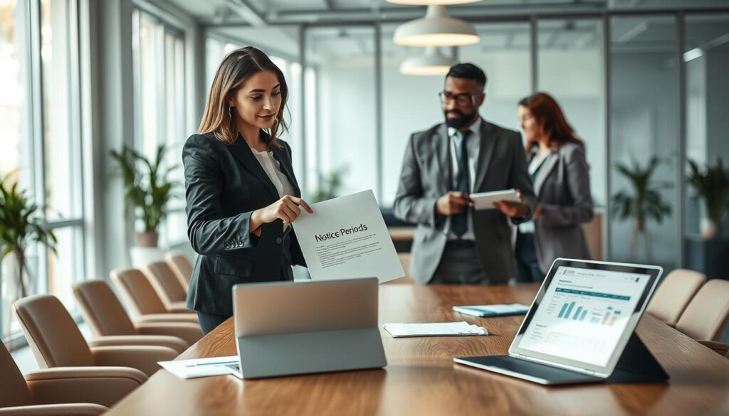 A professional office environment featuring a diverse group of individuals discussing employment details. In the foreground, a confident woman in a sharp business suit points to a document labeled "Notice Periods." Beside her, a thoughtful man in a casual but polished outfit takes notes on a tablet. In the middle ground, a modern conference table is adorned with legal papers and a laptop displaying charts. The background showcases a bright office with large windows letting in natural light, creating an inviting yet serious atmosphere. Shot on a Sony A7R IV at 70mm with a polarized filter, the image is sharply defined and clearly focused, emphasizing the importance of understanding termination periods during probation.