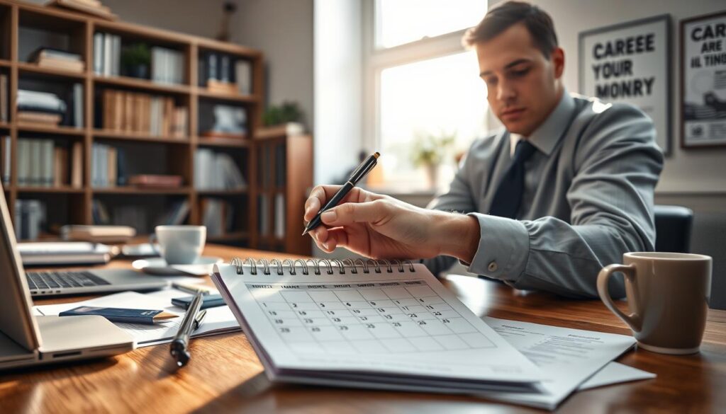 A professional office environment featuring a thoughtful employee in business attire, examining a calendar on a desk filled with documents, a laptop, and a coffee cup. The foreground shows a close-up of the employee's hands holding a pen, poised above the calendar as they consider optimal resignation timing. In the middle ground, soft natural light filters through a large window, casting gentle shadows on the wooden desk. The background reveals shelves filled with books and a motivational poster on the wall emphasizing career growth. The image should be shot with a Sony A7R IV at 70mm, clearly focused and sharply defined, utilizing a polarized filter to enhance the light and mood. The overall atmosphere conveys professionalism, contemplation, and strategic planning.