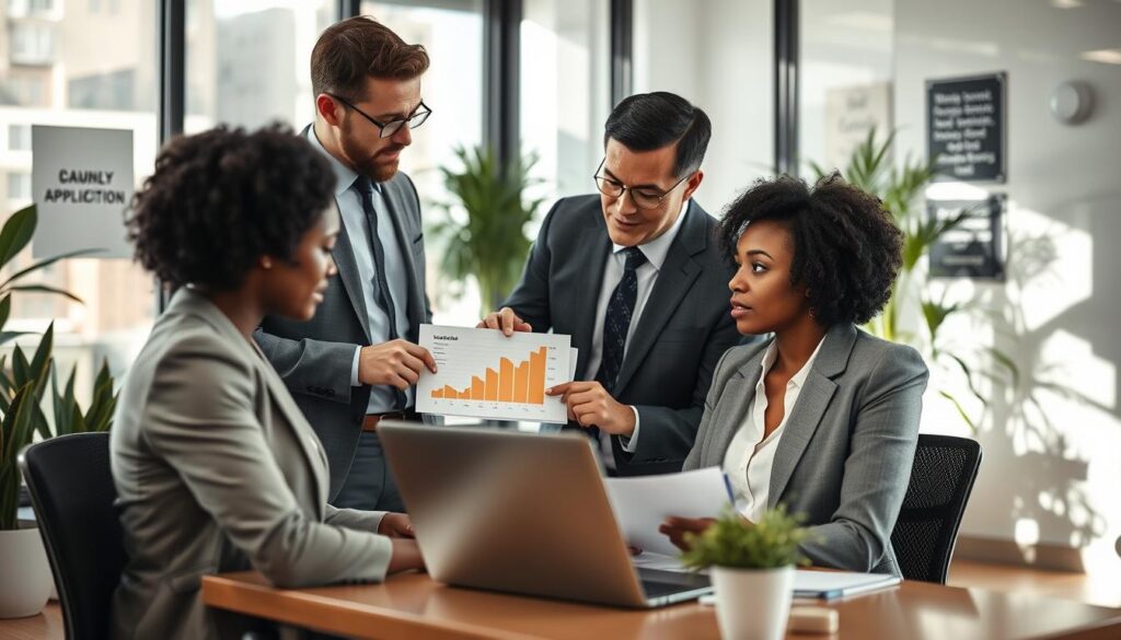 A professional office environment featuring two individuals in business attire engaging in a discussion about internal job applications. In the foreground, a diverse female professional sits at a desk with a laptop open, reviewing documents. In the middle, a male colleague stands beside her, pointing to a chart on the screen with a focused expression. The background shows a modern office setting with glass walls, plants, and motivational posters. Natural light streams through the large windows, creating a bright and inviting atmosphere. The image is captured with a Sony A7R IV at 70mm, ensuring clarity and sharpness, with a polarized filter enhancing the colors and depth of the scene. The mood is collaborative and encouraging, reflecting the theme of opportunities within the workplace.