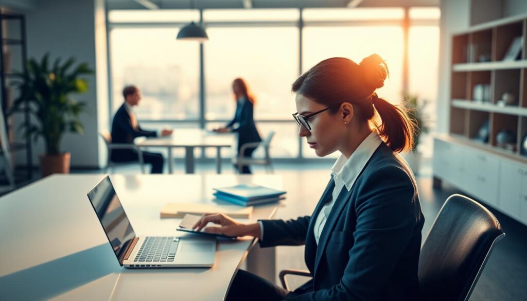 A professional office environment illustrating the concept of "Maximale Arbeitstage am Stück". In the foreground, a focused professional woman in smart business attire sits at a sleek desk, surrounded by documents and a laptop, displaying concentration. In the middle ground, two colleagues engage in discussion over a conference table, showcasing teamwork and collaboration. The background features large windows allowing natural light to wash in, creating a bright and airy atmosphere that emphasizes productivity. The lighting is warm and inviting, captured with a Sony A7R IV at 70mm, using a polarized filter for clarity and sharp definition. The overall mood is one of determination and professionalism, reflecting the theme of labor rights and limits.