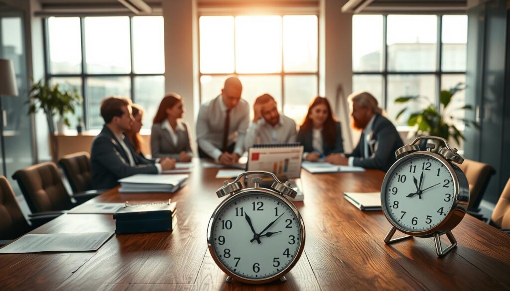 A professional office environment illustrating the concept of "Nachreichfristen und Ausschlussfristen". In the foreground, a wooden meeting table with neatly arranged documents, calendars, and a large clock, emphasizing the significance of deadlines. In the middle, a group of diverse professionals in business attire engaged in a focused discussion, analyzing timelines on a digital tablet. The background features a modern office space with large windows allowing natural light to flood the room, creating a bright and motivating atmosphere. The lighting is warm, enhancing a sense of urgency and collaboration. Shot on a Sony A7R IV at 70mm, with a clear focus and sharply defined details, using a polarized filter to enrich colors and contrast.