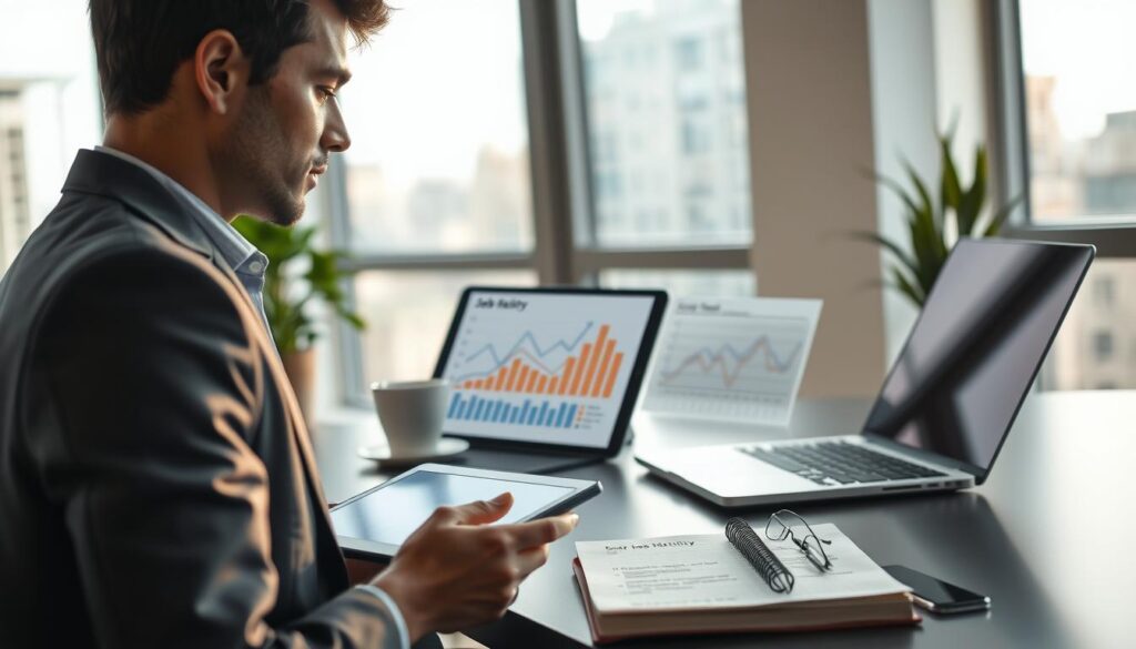 A professional office environment showcases a thoughtful individual in business attire, staring thoughtfully at a digital tablet displaying graphs that represent salary trends and job mobility. In the foreground, the subject's confident pose conveys contemplation, with a blurred coffee cup beside them. The middle ground features a contemporary desk space, accentuated by a sleek laptop and notepad filled with notes about career decisions. In the background, large windows flood the room with natural light, casting soft shadows and creating a warm, inviting atmosphere. This image captures the influence of salary on job willingness, aimed for a professional article. Shot on a Sony A7R IV at 70mm, ensuring crisp focus and clarity, enhanced by a polarized filter for vibrant detail.