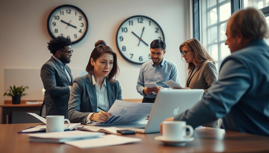 A professional office environment showcasing a diverse group of employees diligently examining monthly work hour reports. In the foreground, a focused middle-aged woman in professional attire is analyzing charts on a laptop, surrounded by colleagues, including a young man and an older woman, all engaged in discussion. The middle layer displays a large wall clock showing working hours clearly, while an organized table holds various documents and coffee mugs. In the background, large windows let in soft, natural light, creating a bright and inviting atmosphere. The photography style captures the scene with a Sony A7R IV at 70mm, ensuring sharp focus and vivid detail, while a polarized filter enhances the clarity and vibrancy of colors. The overall mood conveys professionalism, collaboration, and adherence to work regulations.