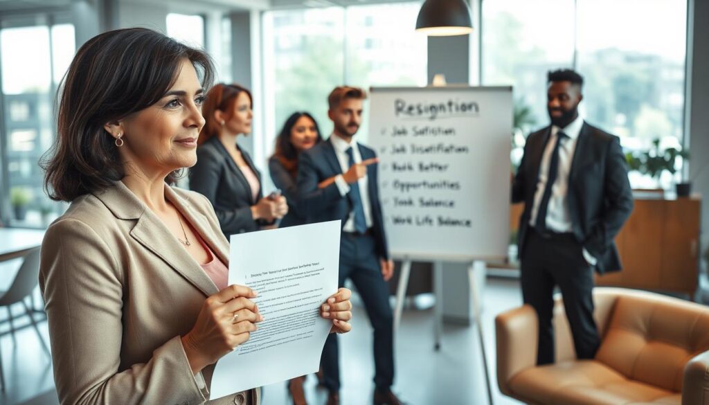 A professional office environment showcasing a diverse group of individuals in business attire discussing reasons for resignation. In the foreground, a middle-aged woman holding a resignation letter with a thoughtful expression. In the middle, a young man pointing at a whiteboard filled with bullet points labeled "Reasons for Resignation," such as "Job Dissatisfaction," "Better Opportunities," and "Work-Life Balance." The background features an open office layout with modern furniture and large windows allowing natural light to flood in, creating an inviting atmosphere. The scene is captured with a Sony A7R IV at 70mm, ensuring sharp focus and clarity, with a polarized filter enhancing the colors and details. The mood conveys a sense of professionalism and contemplation.