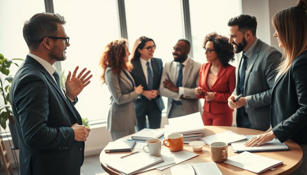 A professional office environment where a group of diverse individuals in business attire engages in a lively discussion about career changes. In the foreground, two colleagues stand close, one animatedly gesturing while the other listens intently, both conveying a sense of curiosity and contemplation. In the middle ground, a round table is visible, cluttered with resumes, notebooks, and coffee cups, symbolizing active job searching and career transitions. The background features a large window letting in soft, natural light, creating a bright and optimistic atmosphere. Shot on a Sony A7R IV with a 70mm lens, ensuring sharp details and vibrant colors, enhanced by a polarized filter to reduce glare and enrich contrasts. The overall mood is dynamic and inspiring, reflecting the theme of professional growth and change.