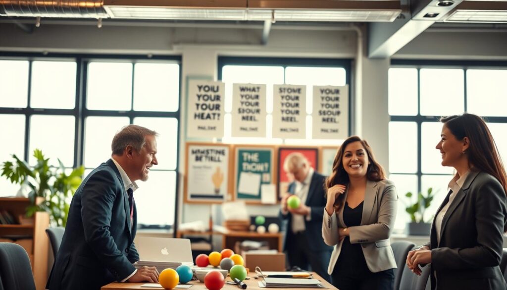 A professional office environment where humor is being utilized for stress relief. In the foreground, a diverse group of three colleagues, dressed in business attire, are engaged in light-hearted conversation, smiling and laughing together. In the middle, a cluttered desk with stress-ball toys and humorous motivational posters hanging on the wall, creating a playful atmosphere. The background features large windows allowing soft, natural light to illuminate the scene, enhancing the warm and inviting mood. The perspective is slightly angled, capturing the camaraderie and the effective use of humor in managing stressful situations. Shot on Sony A7R IV, 70mm, with a polarized filter for clear focus and sharp definition.