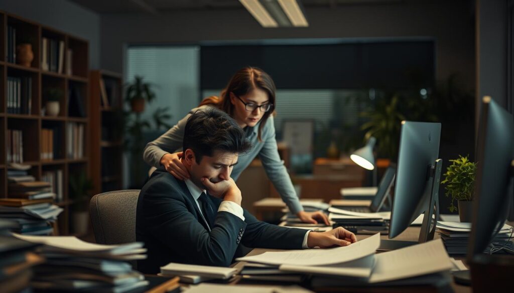 A professional office environment with a focus on the subtle signs of burnout. In the foreground, an exhausted employee dressed in smart business attire sits at a cluttered desk, eyes downcast, surrounded by piles of paperwork and a flickering computer screen. In the middle ground, a colleague offers support, leaning in with a concerned expression, symbolizing empathy and solutions. The background features a dimly lit office space with shelves of books and indoor plants, creating a contrasting atmosphere of warmth and tension. The overall mood is somber yet hopeful, highlighting the importance of recognizing burnout signals. The image is shot on a Sony A7R IV using a 70mm lens with a polarized filter, ensuring clarity and sharpness, and emphasizing the emotional weight of the scene.
