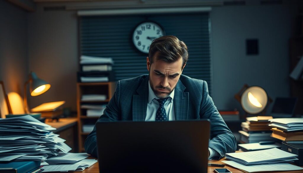 A professional office environment with a strong focus on a workaholic's struggle. In the foreground, a businessman in professional attire, appearing overwhelmed and stressed, sits at a cluttered desk filled with papers and a laptop, showing signs of fatigue. In the middle ground, a clock displays late hours, emphasizing the theme of relentless work. The background features dim lighting, with a single desk lamp illuminating the scene, creating a moody atmosphere that highlights feelings of isolation and pressure. Shot on a Sony A7R IV at 70mm, the focus is sharp and clear, with a polarized filter enhancing depth. The overall mood conveys urgency and the need for balance.