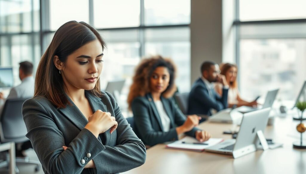A professional office scene depicting a diverse group of employees observing their break time while maintaining their duties. In the foreground, a focused young woman in business attire is checking her watch, symbolizing the importance of taking breaks. In the middle, other employees of various ethnic backgrounds, seated at desks, visibly engaged in respectful conversations during their breaks, highlighting collaboration. The background showcases a modern office environment with large windows allowing natural light to flood in, creating a bright and motivating atmosphere. The image captures a harmonious work-life balance with a slight depth of field, shot on a Sony A7R IV at 70mm, clearly focused and sharply defined. Use a polarized filter to enhance the lighting and mood, conveying a sense of professionalism and well-being.