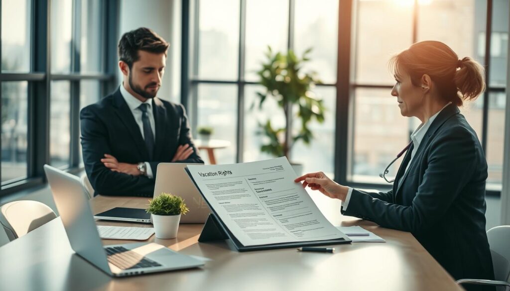 A professional office scene depicting a healthcare worker discussing sick leave and vacation entitlements with an employee. In the foreground, a well-dressed employee in business attire looks thoughtfully at a document regarding vacation rights, while the healthcare worker points to key sections highlighted on a tablet. In the middle, a conference table filled with paperwork, a laptop, and a small potted plant creates an organized atmosphere. The background shows a modern office with large windows allowing natural light to flood the room, casting soft shadows. The image is shot with a Sony A7R IV at 70mm, ensuring a clear focus on the subjects while maintaining a professional and informative mood, ideal for illustrating the topic of sick leave and vacation entitlements.