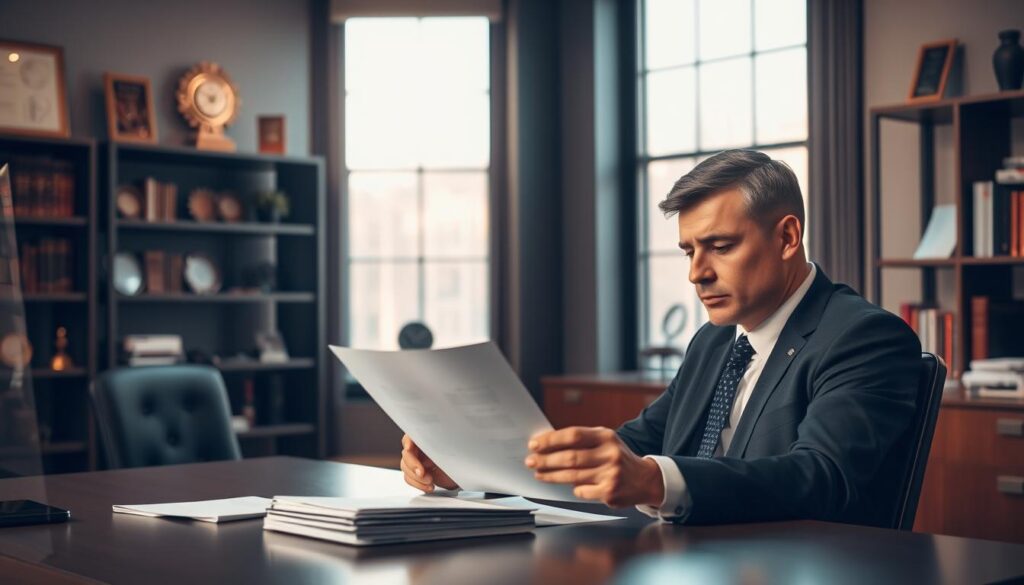 A professional office scene depicting a thoughtful employer reviewing a resignation letter during the probation period. In the foreground, a well-dressed person, exuding professionalism, sits at a modern desk, intently examining the document with a concerned expression. The middle ground features a large window with soft, natural light streaming in, casting a warm glow throughout the room. In the background, shelves lined with books and awards contribute to a sense of accomplishment and authority. The atmosphere is serious yet calm, emphasizing the gravity of employment decisions during probation. Captured with a Sony A7R IV at 70mm, sharply focused with a polarized filter to enhance clarity and detail, showcasing a blend of professionalism and introspection.