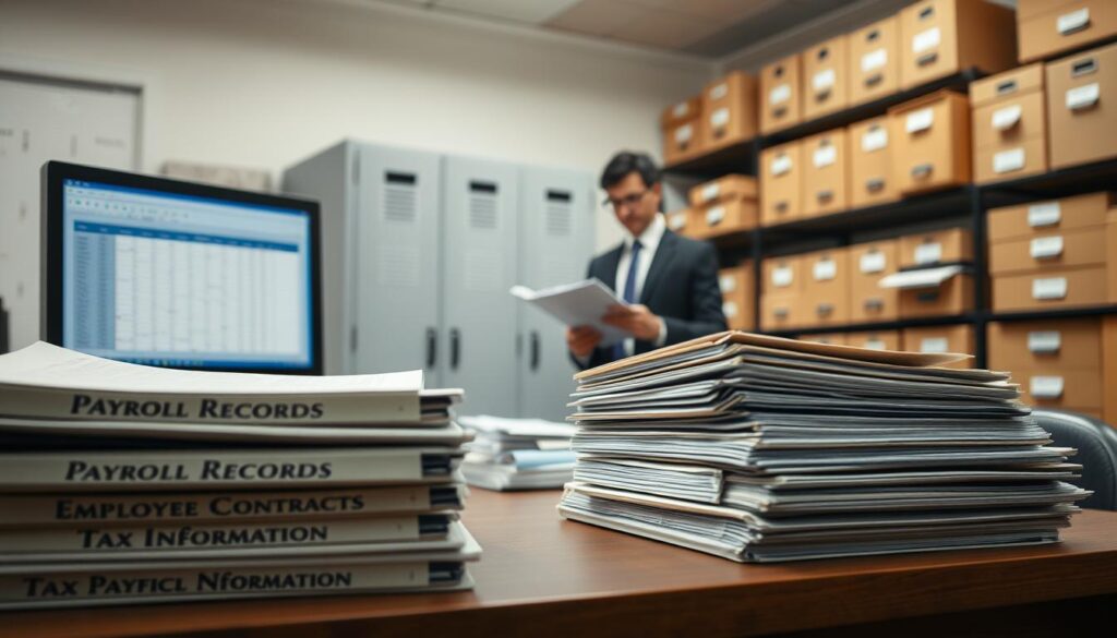 A professional office scene focused on an employer's storage obligations, emphasizing organized document management. In the foreground, a neat desk features stacked folders labeled with "Payroll Records," "Employee Contracts," and "Tax Information." A computer displays a spreadsheet for easy reference. In the middle ground, a business professional, dressed in formal attire, reviews a file, showcasing an attitude of diligence and responsibility. The background shows a well-organized filing cabinet and wall-mounted shelves filled with labeled boxes, illustrating efficient data storage practices. The lighting is soft yet bright, creating a warm atmosphere, and the image is shot with a Sony A7R IV at 70mm, clearly focused and sharply defined, enhanced by a polarized filter to reduce glare while capturing the professionalism of the setting.