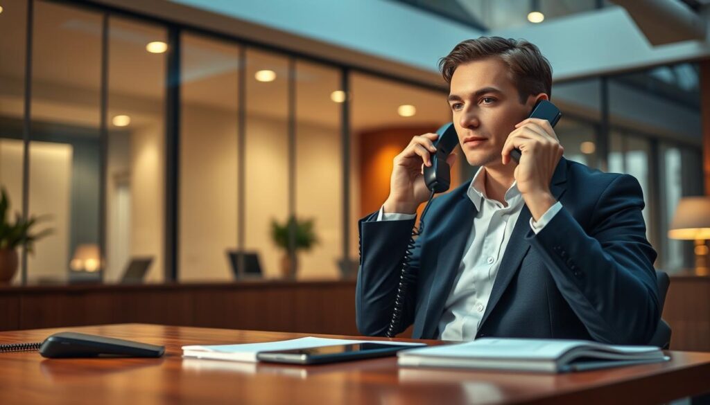 A professional office setting captures a moment of timing when a businessperson is about to answer a ringing phone. In the foreground, focus on a well-dressed individual in a crisp white shirt and navy blazer, poised with one hand reaching for the phone on their desk. Their expression is attentive and composed, reflecting the importance of the call. The middle ground features an elegant wooden desk with a sleek smartphone, a notepad, and a business diary. In the background, a softly blurred modern office environment with soft lighting highlights the professionalism of the scene. The image is shot with a Sony A7R IV at 70mm, ensuring clarity and sharpness, enhanced by a polarized filter to eliminate glare and create a warm atmosphere that conveys readiness and professionalism.