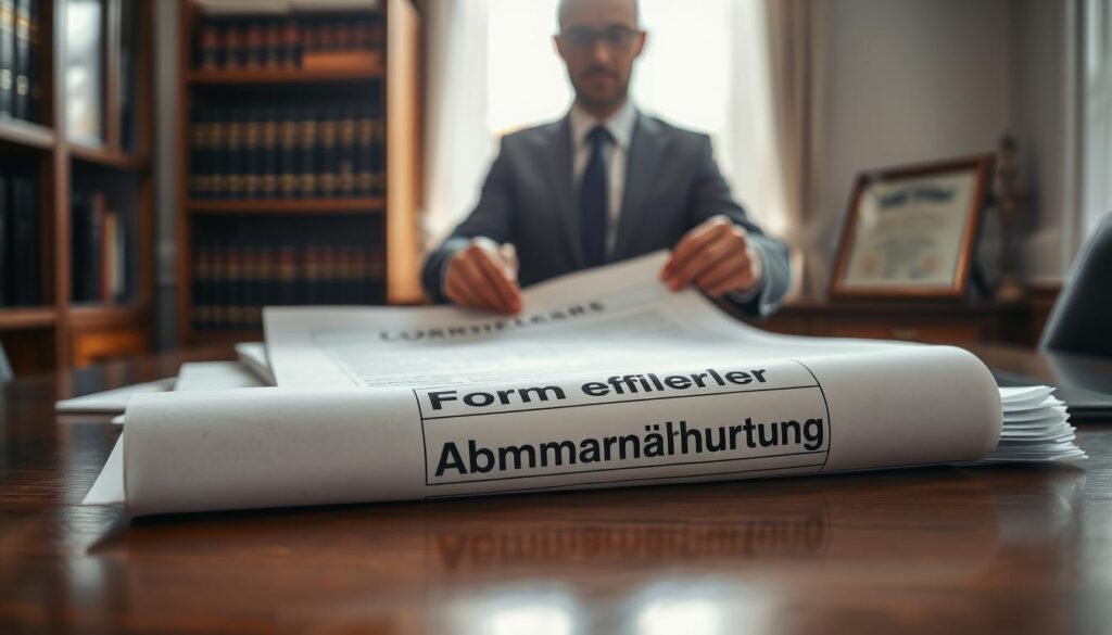 A professional office setting, capturing a close-up of a sharply detailed document titled "Formfehler Abmahnung," prominently displayed on a polished wooden desk. The foreground features the document, partially unfolded, with distinctive markings highlighting errors. In the middle, a pair of hands in formal business attire is seen handling the document, suggesting a sense of urgency and scrutiny. Soft natural light streams in from a nearby window, creating a warm atmosphere while emphasizing the textures of the paper and the desk. In the background, blurred shelves filled with legal books and a framed certificate add context, while maintaining a clear focus on the document. The scene is captured with a Sony A7R IV at 70mm, ensuring clarity and sharp definition.
