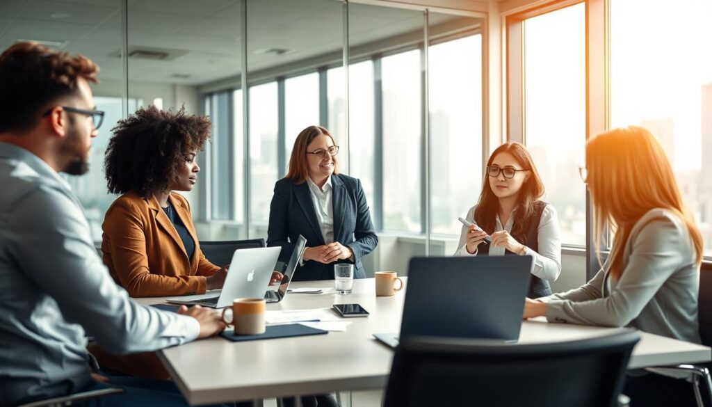 A professional office setting conveying the essence of "Berufserfahrung in der Privatwirtschaft." In the foreground, a diverse group of four professionals engaged in a collaborative discussion, dressed in business attire, showcasing a mix of cultures and genders. In the middle, a sleek conference table with laptops, documents, and a few coffee cups, symbolizing productivity. The background features a large window with natural light streaming in, revealing a city skyline, representing the corporate world. The scene is photographed with a Sony A7R IV at 70mm, creating a sharply defined focus on the group while subtly blurring the background for depth. The atmosphere is vibrant and dynamic, evoking a sense of professionalism and teamwork.