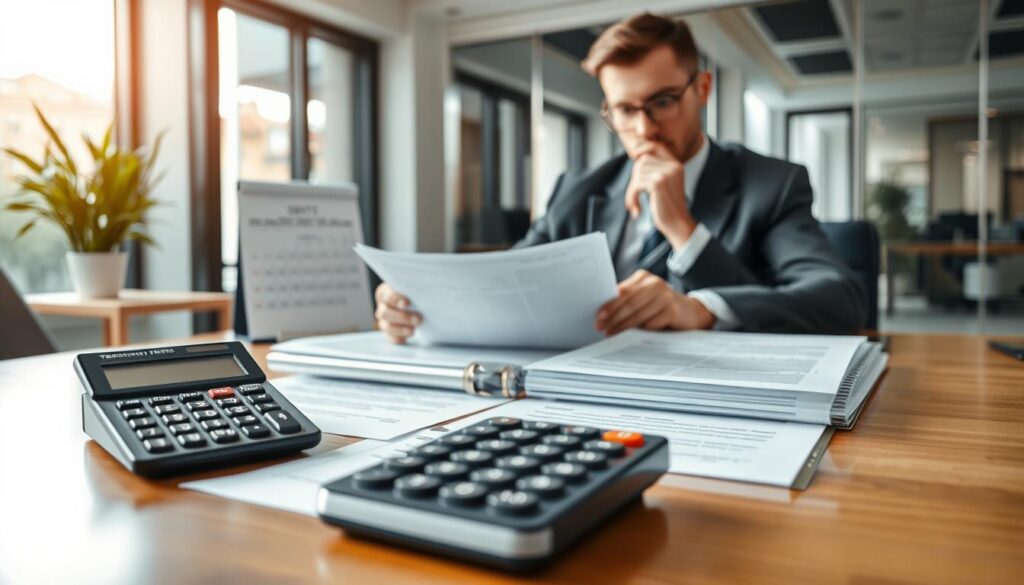 A professional office setting depicting a calculator, legal documents, and a calendar laid out on a sleek wooden desk in the foreground, emphasizing the theme of calculating termination periods. In the middle, a well-dressed businessperson, male or female, is thoughtfully reviewing the documents with a focused expression. The background features a modern office environment, including glass windows letting in natural light, providing a bright and inviting atmosphere. The image is shot with a Sony A7R IV at 70mm, ensuring clear focus and sharp definition on the subjects. The use of a polarized filter enhances the colors and reduces glare, creating a professional and serious mood suitable for a business article.