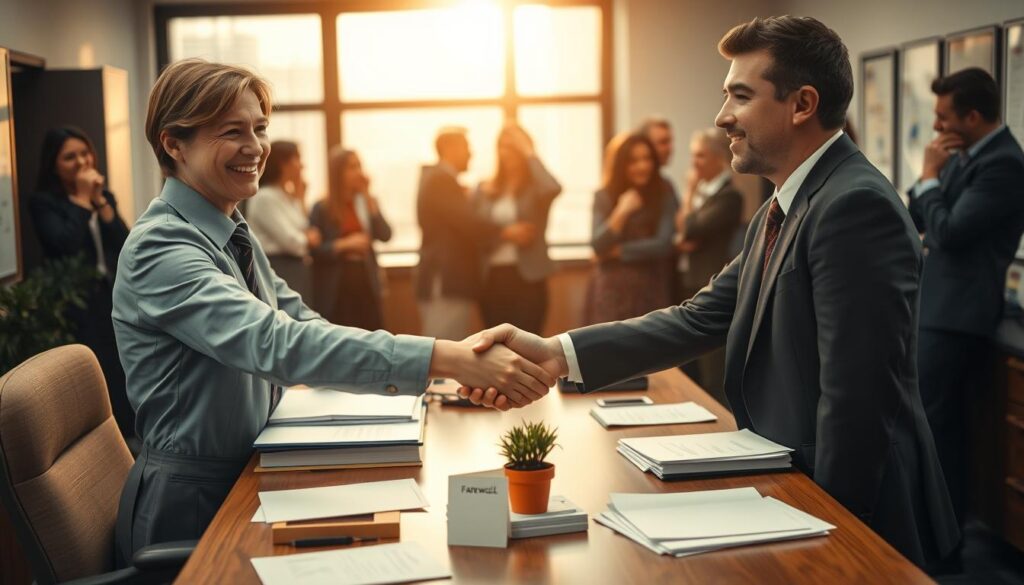 A professional office setting depicting a farewell at the workplace. In the foreground, a well-dressed employee is shaking hands with their supervisor, both displaying a mixture of smiling faces and expressions of bittersweet farewell. The middle ground features a tidy desk cluttered with papers, a farewell card, and a small potted plant, symbolizing the transition. The background shows colleagues gathered, some wiping away tears, others exchanging hugs, conveying an atmosphere of camaraderie and emotional support. The lighting is warm and soft, creating an inviting ambiance, captured with the Sony A7R IV at 70mm, ensuring sharp focus and clarity while a polarized filter enhances color vibrancy. The overall mood reflects a heartfelt goodbye, blending professionalism with personal connection.