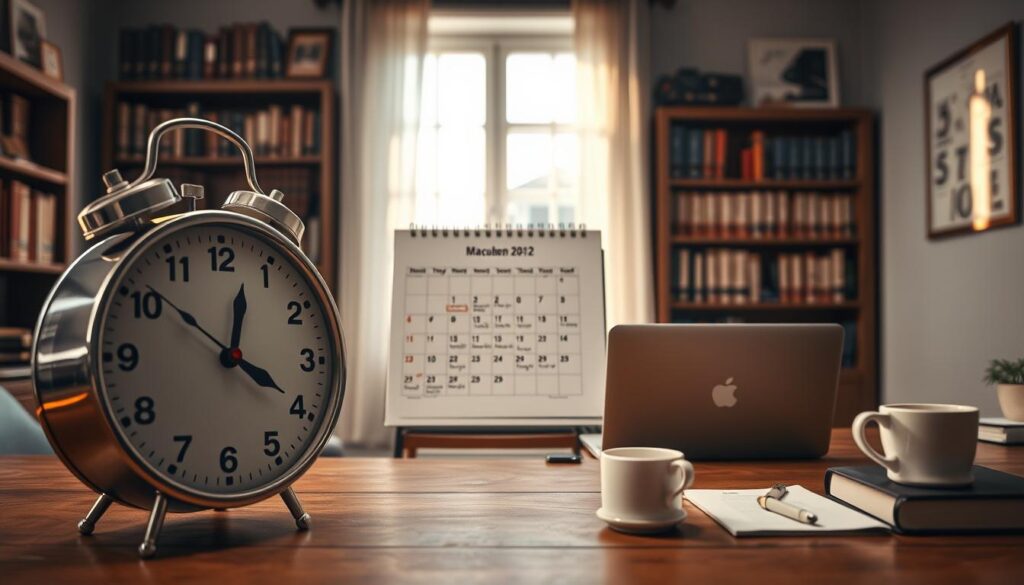 A professional office setting depicting the concept of "Waiting Period for Full Vacation Entitlement." In the foreground, a clock symbolizes the passage of time, with its hands positioned to suggest anticipation. In the middle ground, a calendar with prominent holiday dates is placed on a wooden desk, equipped with a laptop and a cup of coffee. Soft natural light streams in from a nearby window, creating a warm and inviting atmosphere. In the background, shelves filled with books on employee rights and vacation policies provide context. Shot with a Sony A7R IV at 70mm, the image is sharply defined and clearly focused, emphasizing the theme of waiting with a sense of professionalism and calmness.