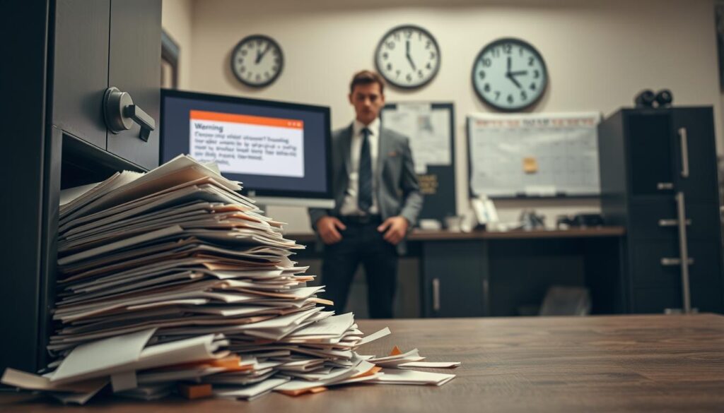 A professional office setting depicting the consequences of failing to comply with retention periods for payroll documents in Germany. In the foreground, a stack of disorganized, expired payroll records spilling out of a filing cabinet, symbolizing neglect. The middle ground features a concerned employee, dressed in formal business attire, looking at a computer screen displaying a warning notification about document retention violations. In the background, a clock showing a past deadline and a calendar marked with overdue dates. The lighting is bright and sterile, casting sharp shadows to create a sense of urgency. Shot on a Sony A7R IV at 70mm, with a polarized filter for clarity and detail, emphasizing the tension in the environment.