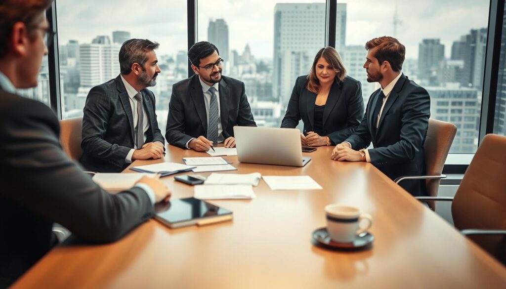 A professional office setting depicting the essence of public service work experience. In the foreground, a diverse group of three professionals—two men and one woman—are engaged in a discussion around a conference table, all dressed in smart business attire. The middle layer showcases documents, a laptop, and a coffee cup scattered on the table, symbolizing collaboration and productivity. In the background, large windows reveal a cityscape, suggesting a government building, with natural daylight illuminating the space. Capture this scene using a Sony A7R IV at 70mm, ensuring sharp focus and clarity, with a slightly blurred background to emphasize the subjects. The atmosphere is serious yet inspiring, reflecting dedication and professionalism in the public sector.