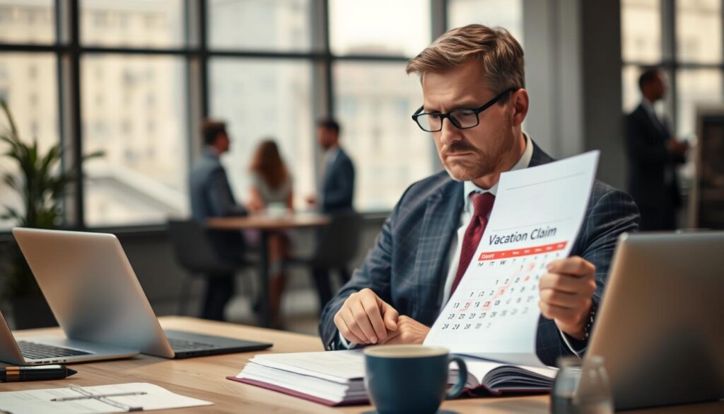 A professional office setting featuring a clean desk with a laptop, open folders, and a cup of coffee, symbolizing the theme of holiday entitlement and termination of employment. In the foreground, a confident, well-dressed individual, a middle-aged professional in business attire, looks thoughtfully at a document labeled "Vacation Claim" while a calendar with highlighted holiday dates is visible on the desk. The middle ground shows a large window with soft, natural light streaming in, illuminating the workspace. In the background, faint silhouettes of colleagues engaged in a discussion can be seen, creating an atmosphere of a busy office environment. The image should be captured with a Sony A7R IV at 70mm, ensuring sharp detail and clarity, utilizing a polarized filter to enhance colors and contrast. The overall mood should be focused and contemplative, evoking a sense of professionalism and seriousness.