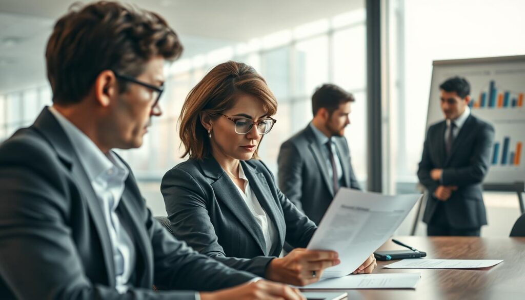 A professional office setting featuring a diverse group of individuals engaged in a serious discussion around a table. The foreground shows a middle-aged woman in a smart business suit, looking concerned as she reviews a resignation letter. Beside her, a young man in business attire listens attentively, taking notes. The middle ground highlights a modern office environment with a large window letting in natural light, casting soft shadows. In the background, a whiteboard displays charts and graphs related to job performance and workplace challenges. The atmosphere is tense yet professional, capturing the emotional weight of job-related circumstances leading to resignations. Shot with a Sony A7R IV 70mm lens, the image is sharply defined, with a polarized filter for enhanced clarity.