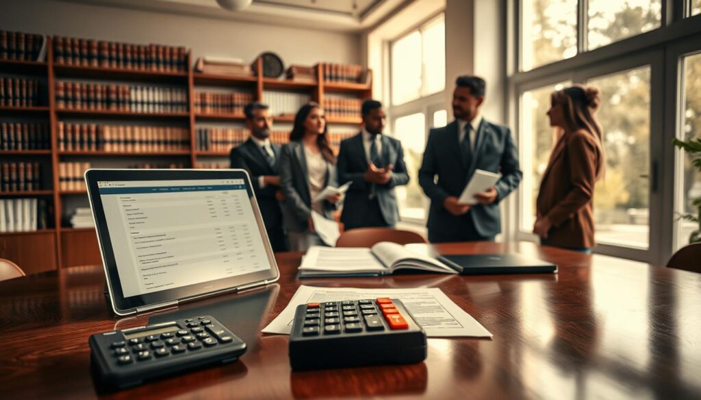 A professional office setting featuring a polished wooden desk with legal documents and a calculator; an open laptop displays a payroll software interface. In the foreground, a diverse group of business professionals, dressed in smart business attire, discusses with focused expressions. The middle ground showcases shelves filled with law books and financial reports. In the background, large windows allow natural light to flood the room, creating a warm and inviting atmosphere. The image is shot with a Sony A7R IV at 70mm, using a polarized filter for enhanced clarity and sharpness. The mood is professional and serious, reflecting the importance of understanding the legal foundations of salary payments.